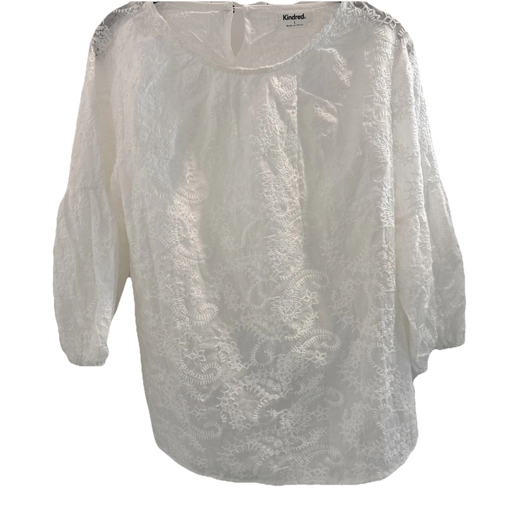 Anthropologie Kindred 100% Cotton Embroidered White Blouse Large Feminine Boho